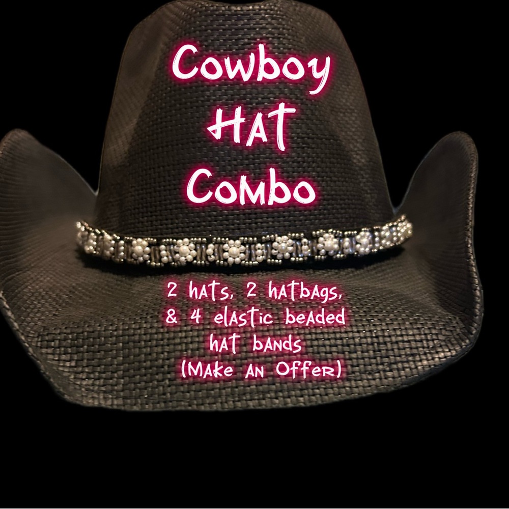 Brown & Black Cowboy Hats in plastic hat bag & 4 Elastic, beaded hat bands